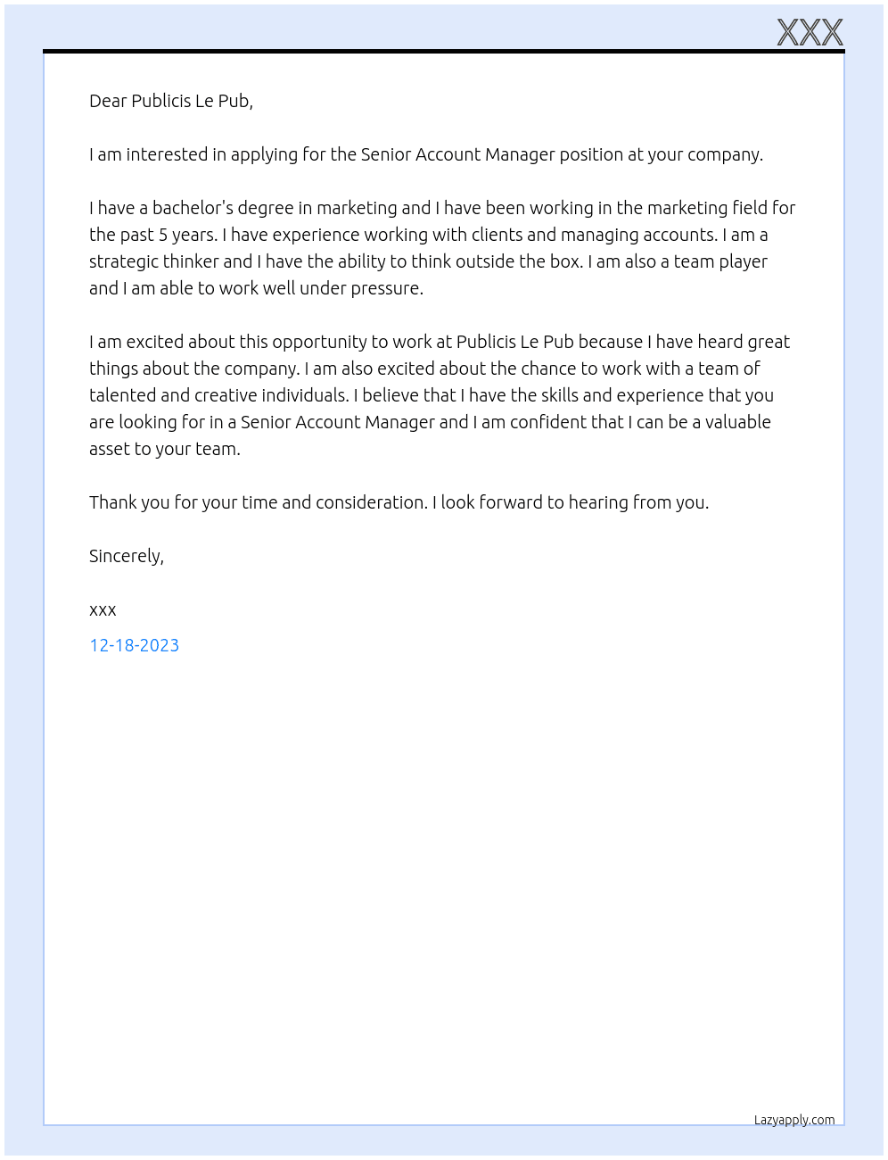 Senior Account Manager At Publicis Le Pub Cover Letter