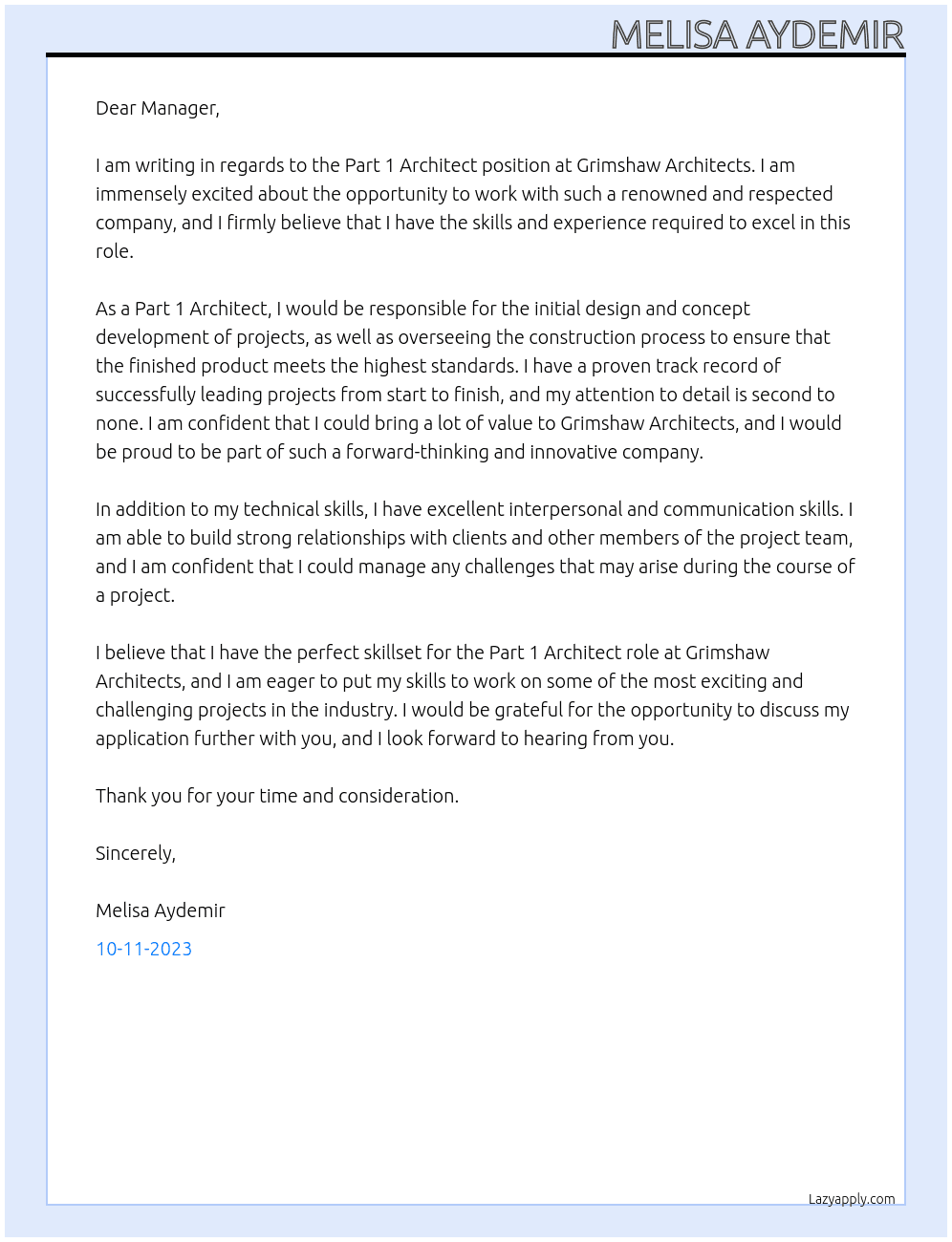 Part 1 arhcitect At Grimshaw architects Cover Letter