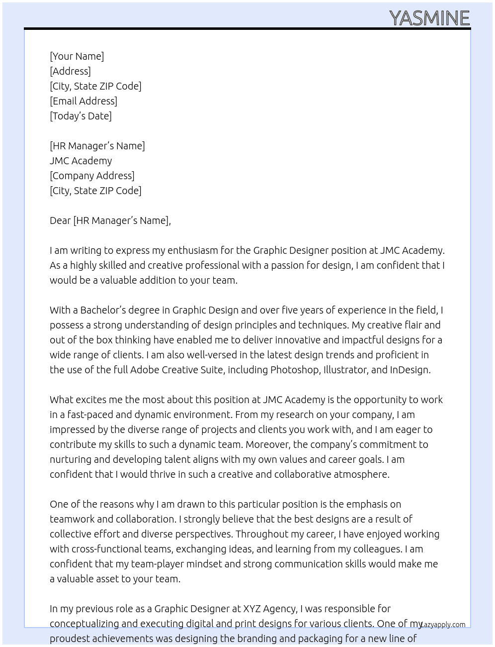 Graphic Designer At JMC Academy  Cover Letter