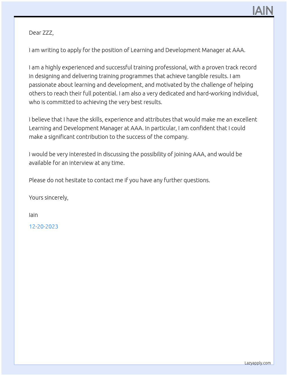Learning and Development Manager At aaa Cover Letter
