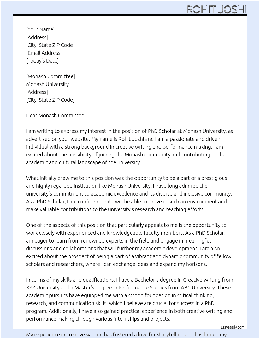 PhD Scholar At Monash University Cover Letter