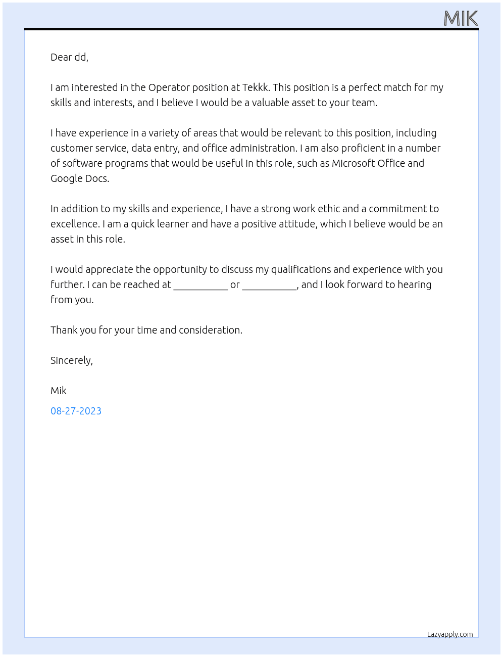 Operator At Tekkk Cover Letter