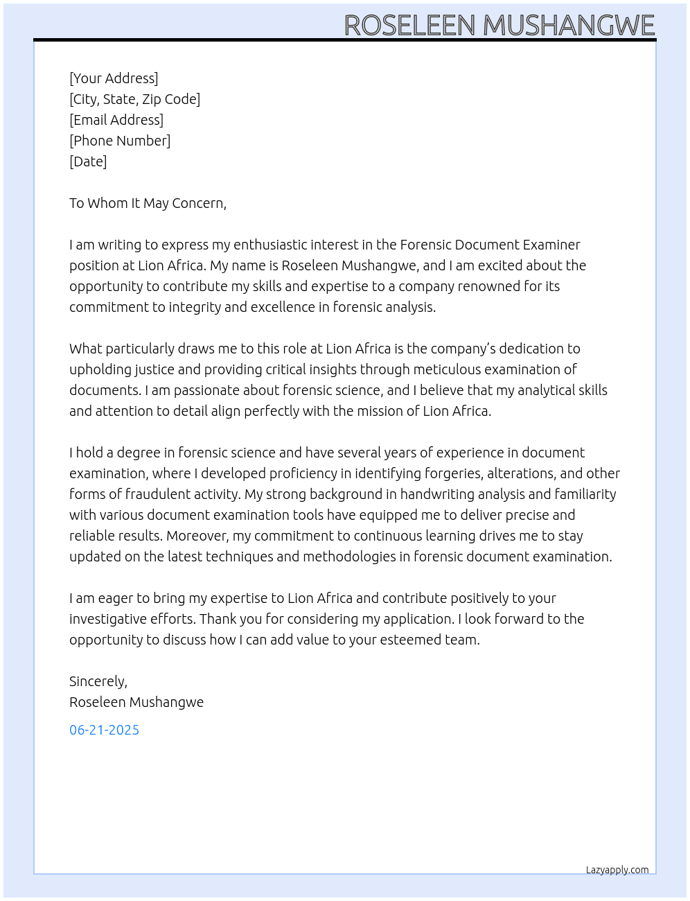 Cover letter for forensic document examiner - LazyApply