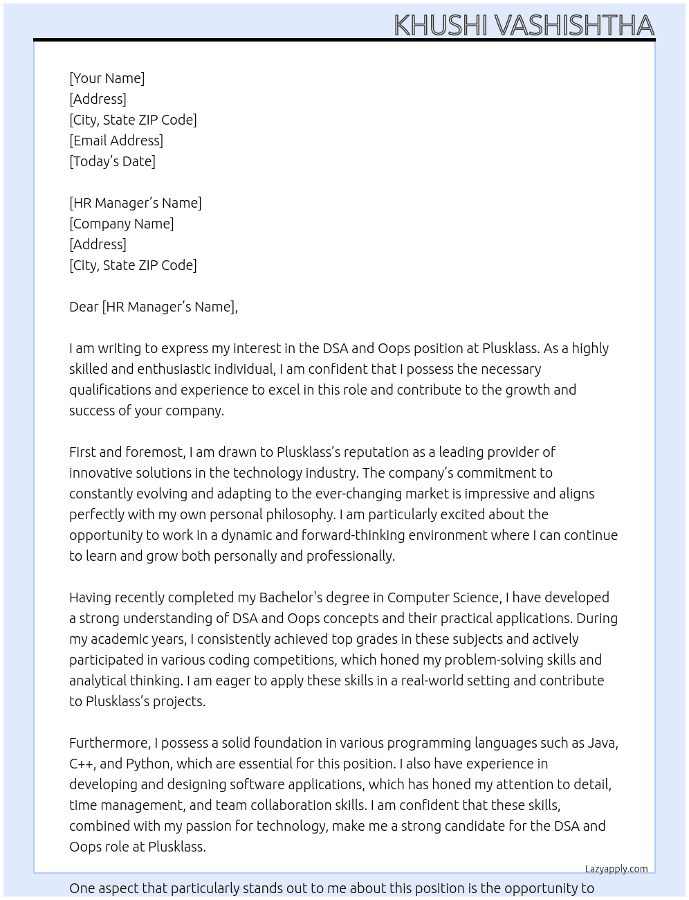 Cover letter for dsa and oops - LazyApply
