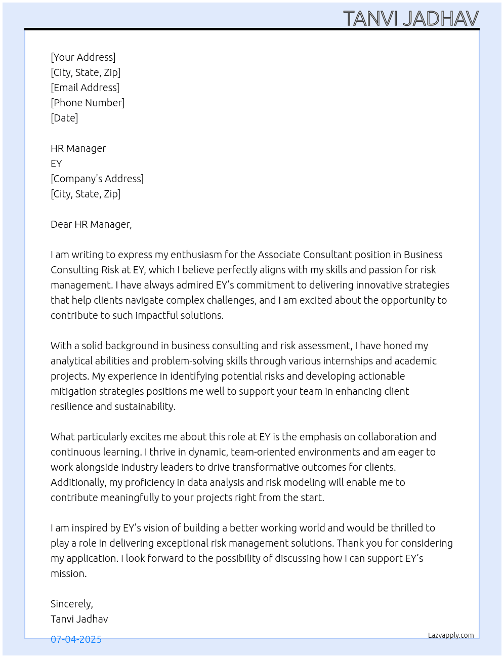 Cover letter for associate consultant - business consulting risk - nat - cns - risk - risk management - LazyApply