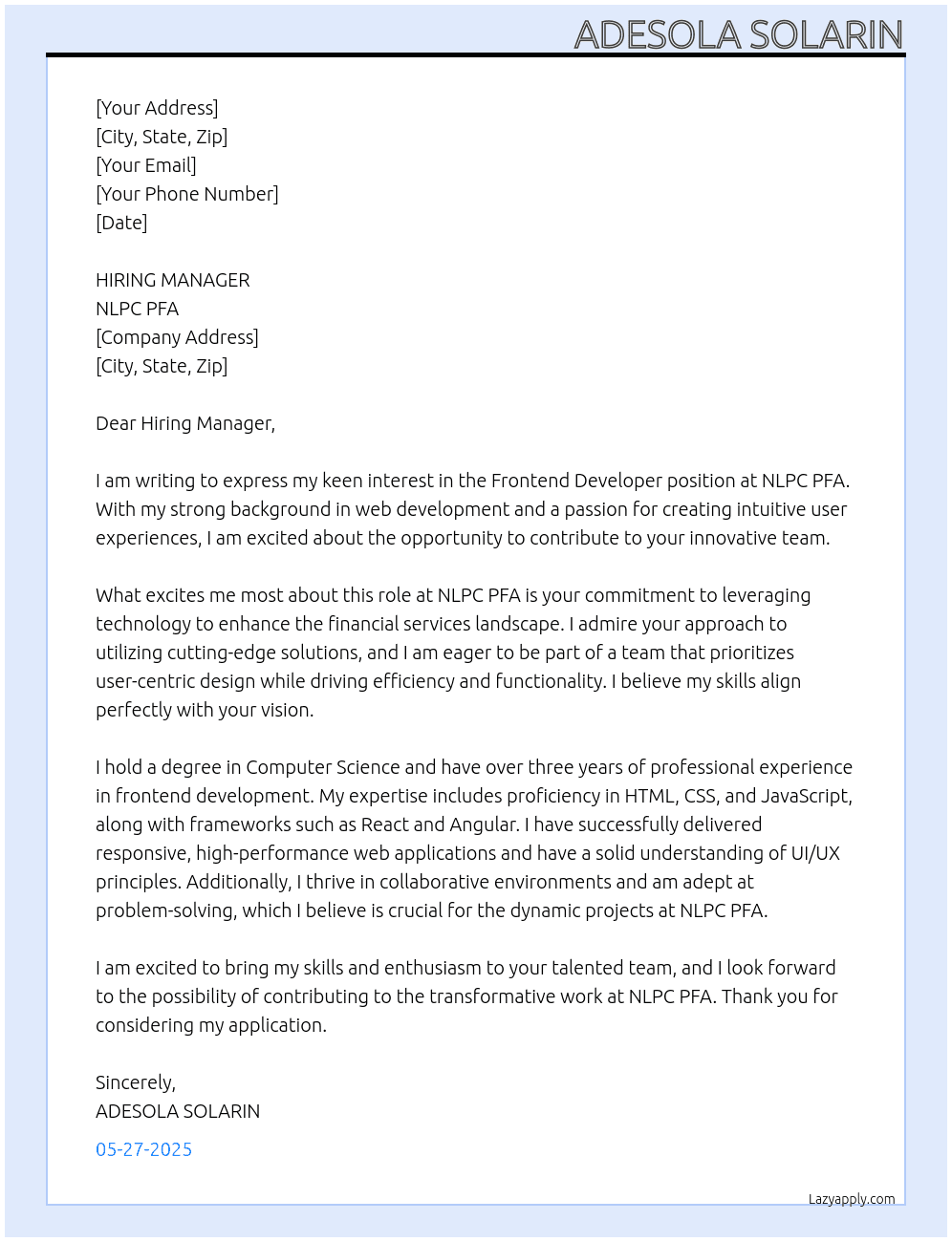 frontend developer At NLPC PFA Cover Letter