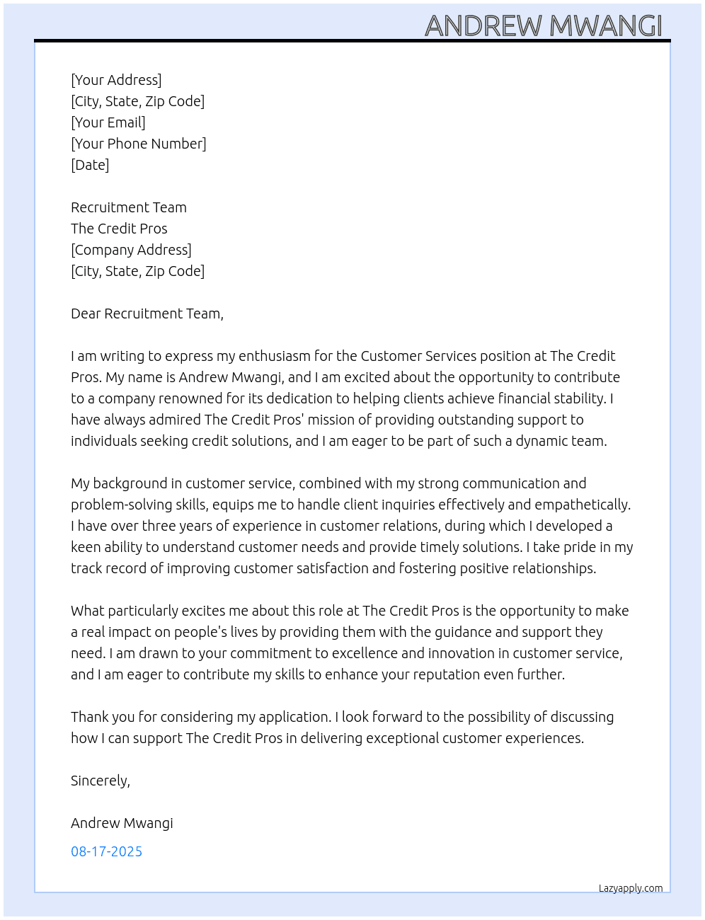 Customer services  At The credit pros Cover Letter