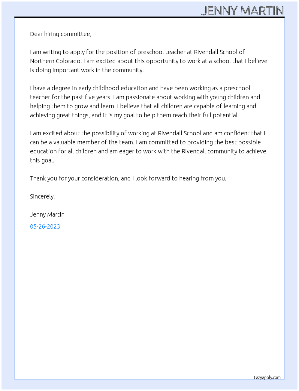 preschool teacher At Rivendall School of Norther Colorado Cover Letter