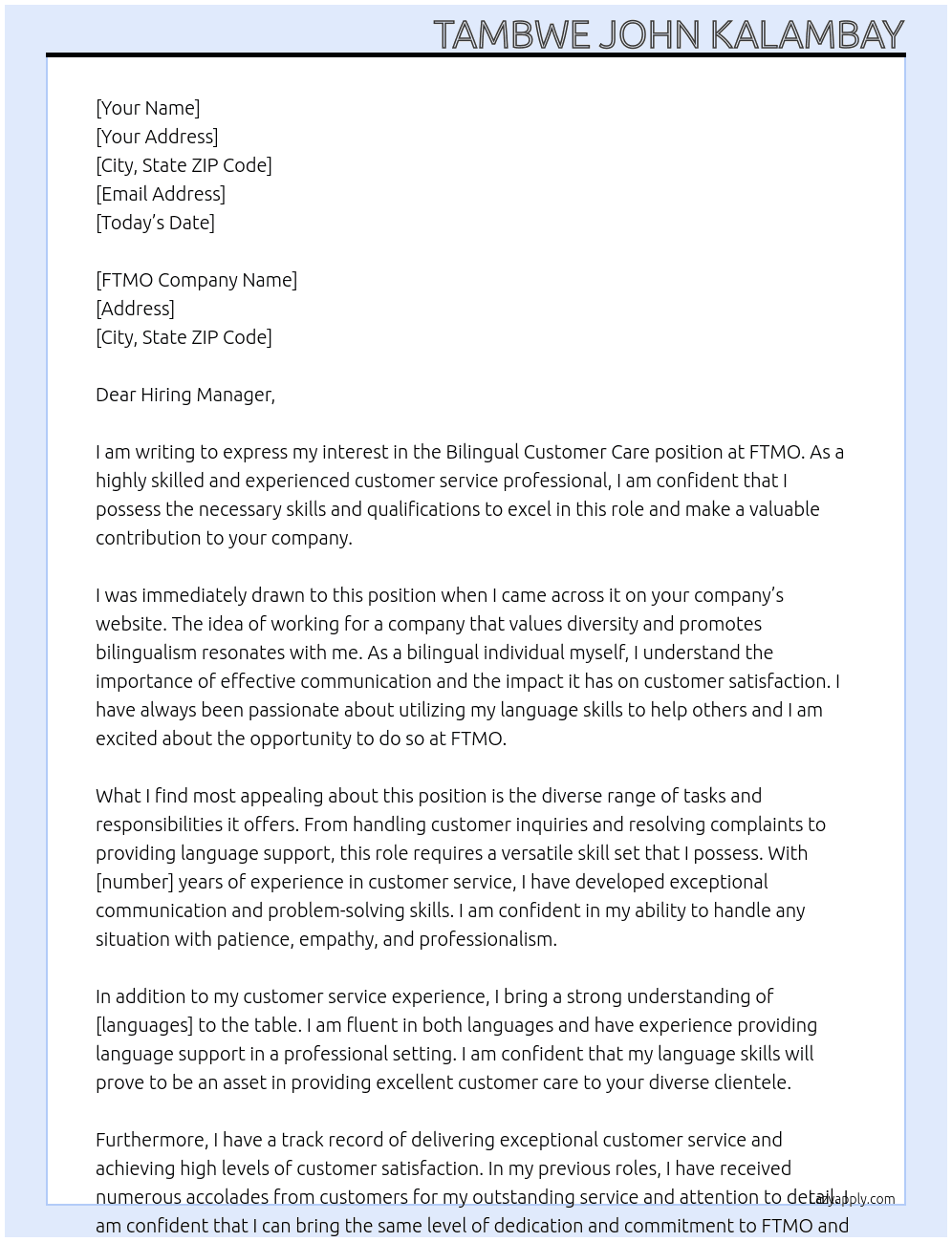 bilingual customer care At FTMO Cover Letter