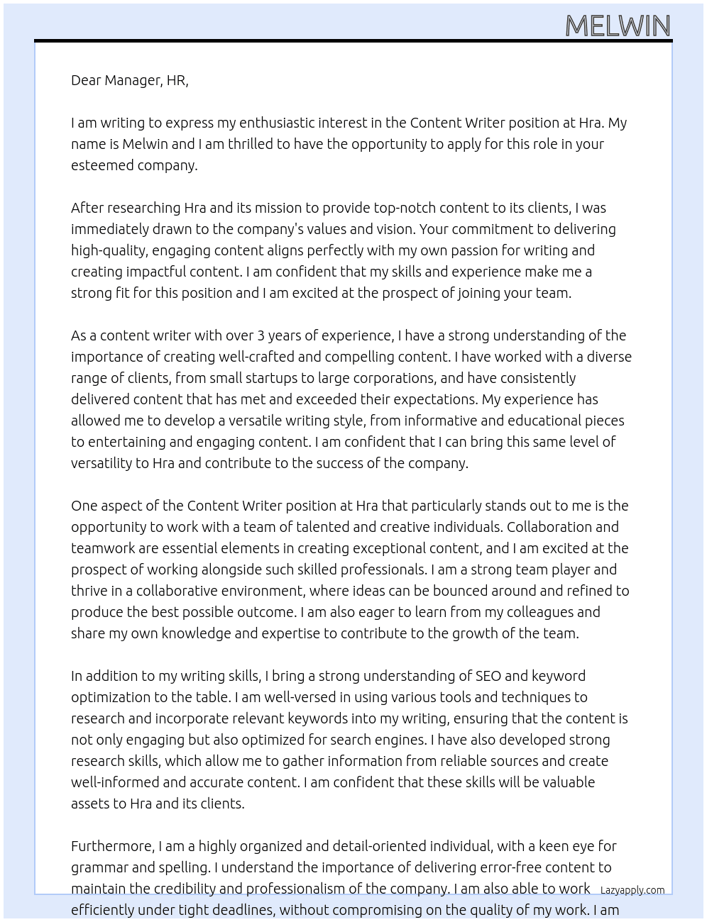 Content Writer At Hra Cover Letter