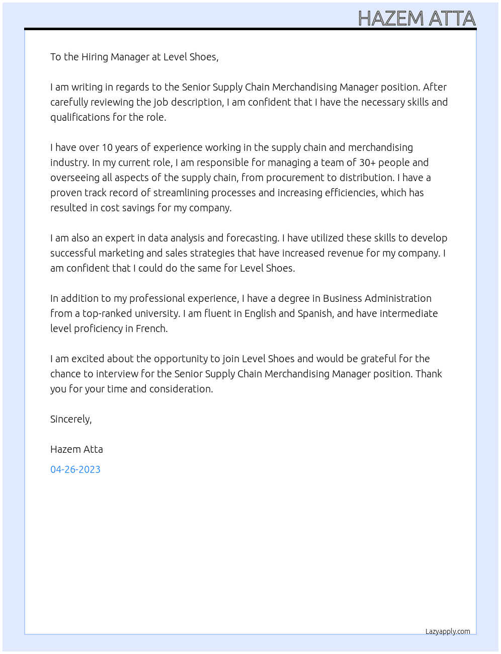 Senior Supply Chain Merchandising Manager At Level Shoes Cover Letter