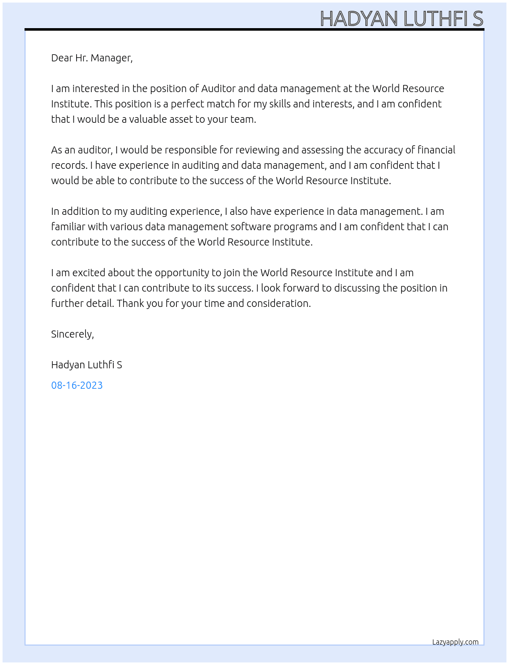 Ex. Auditor and data management At World Resource Institute Cover Letter