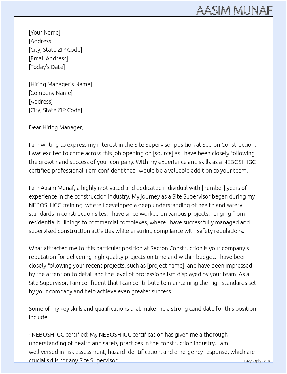 Site Supervisor At Secron Construction Cover Letter