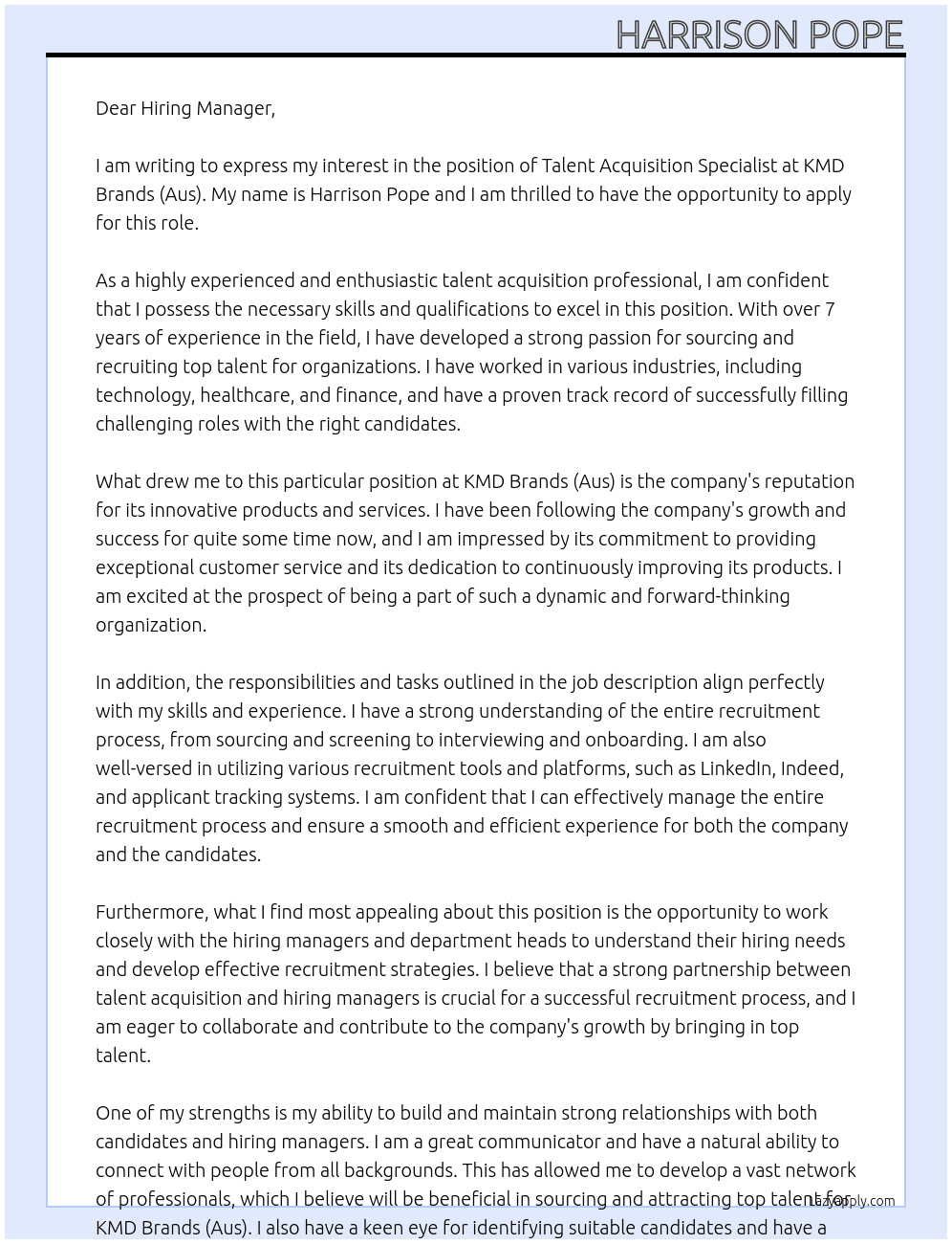 Talent Acquisition Specialist At KMD Brands (Aus) Cover Letter