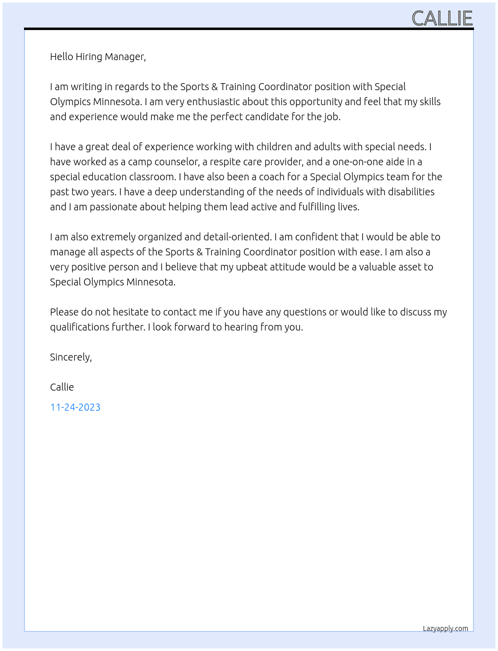 Sports & Training Coordinator At Special Olympics Minnesota Cover Letter