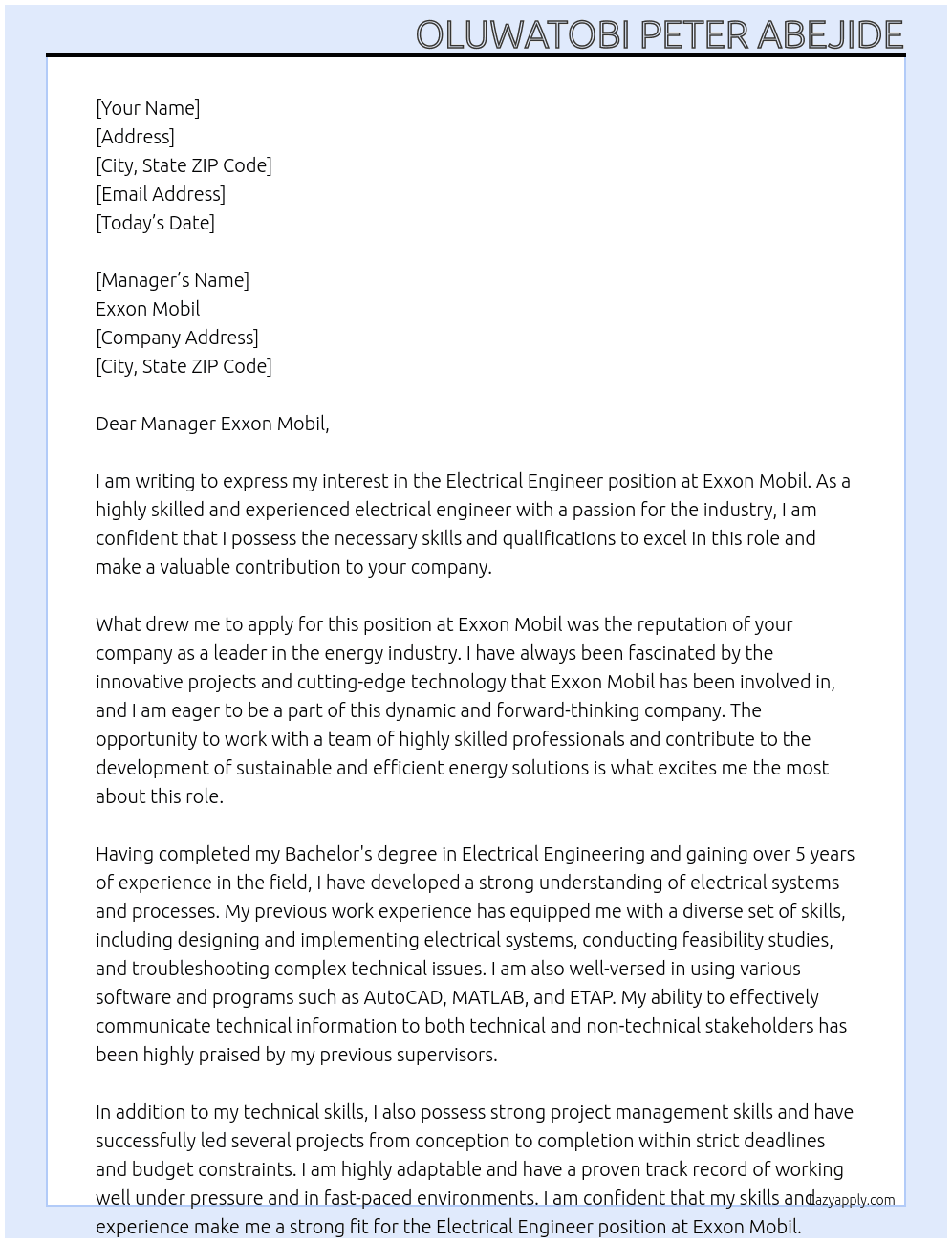 Electrical engineer At Exxon Mobile Cover Letter