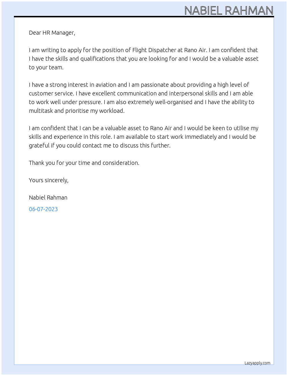 Flight Dispatcher  At Rano Air  Cover Letter