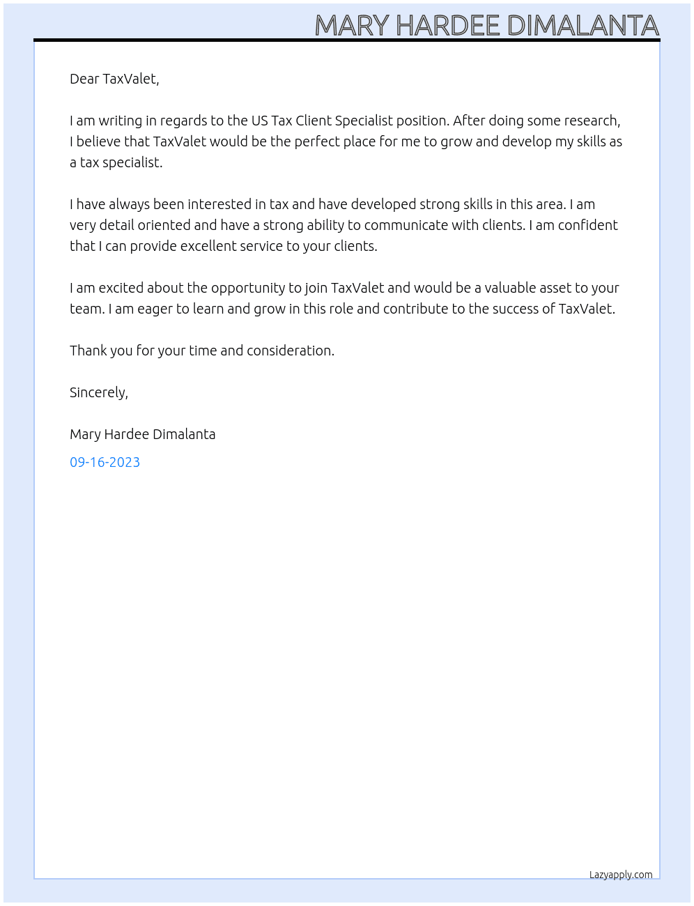 US Tax Client Specialists At TaxValet Cover Letter