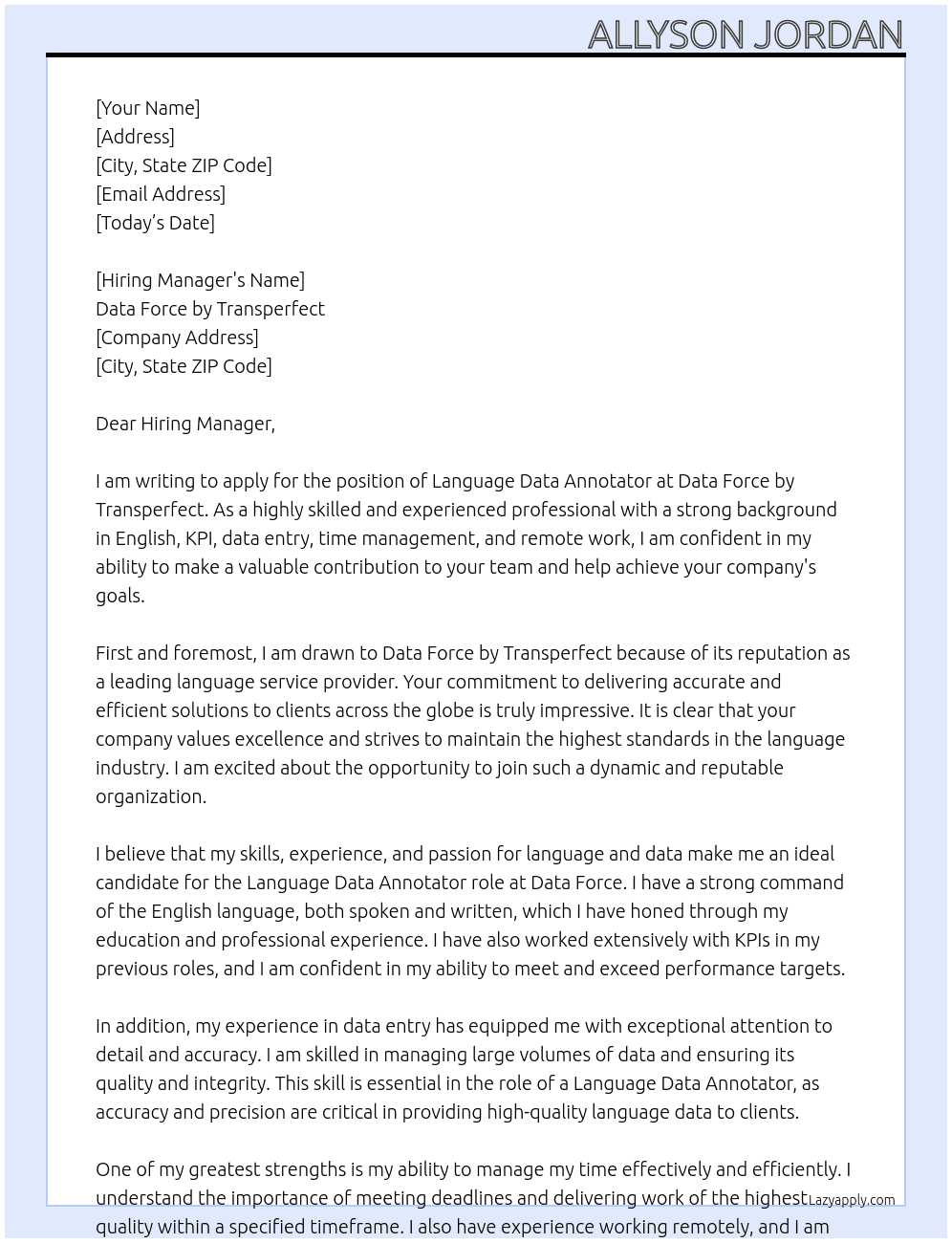 Language Data Annotator At Data Force by Transperfect Cover Letter