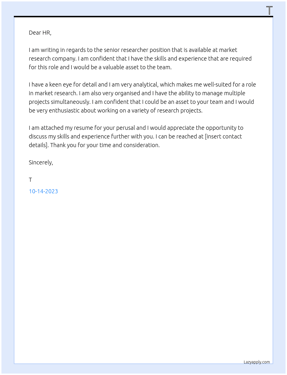 senior researcher At market research company Cover Letter