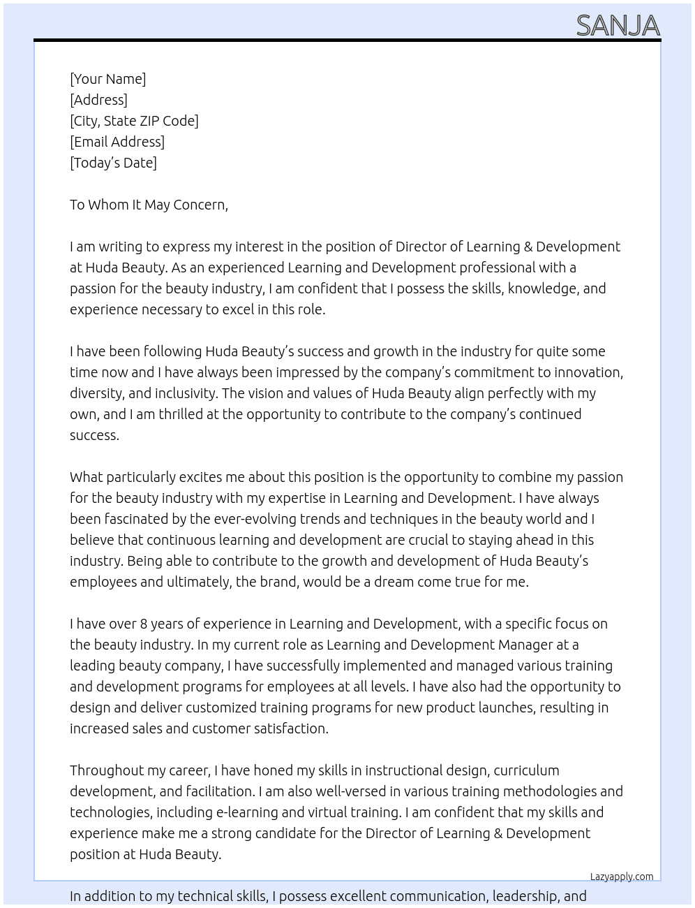 Director of Learning & Development At Huda Beauty Cover Letter