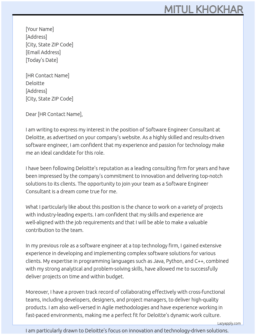 Software Engineer Consultant At Deloitte Cover Letter