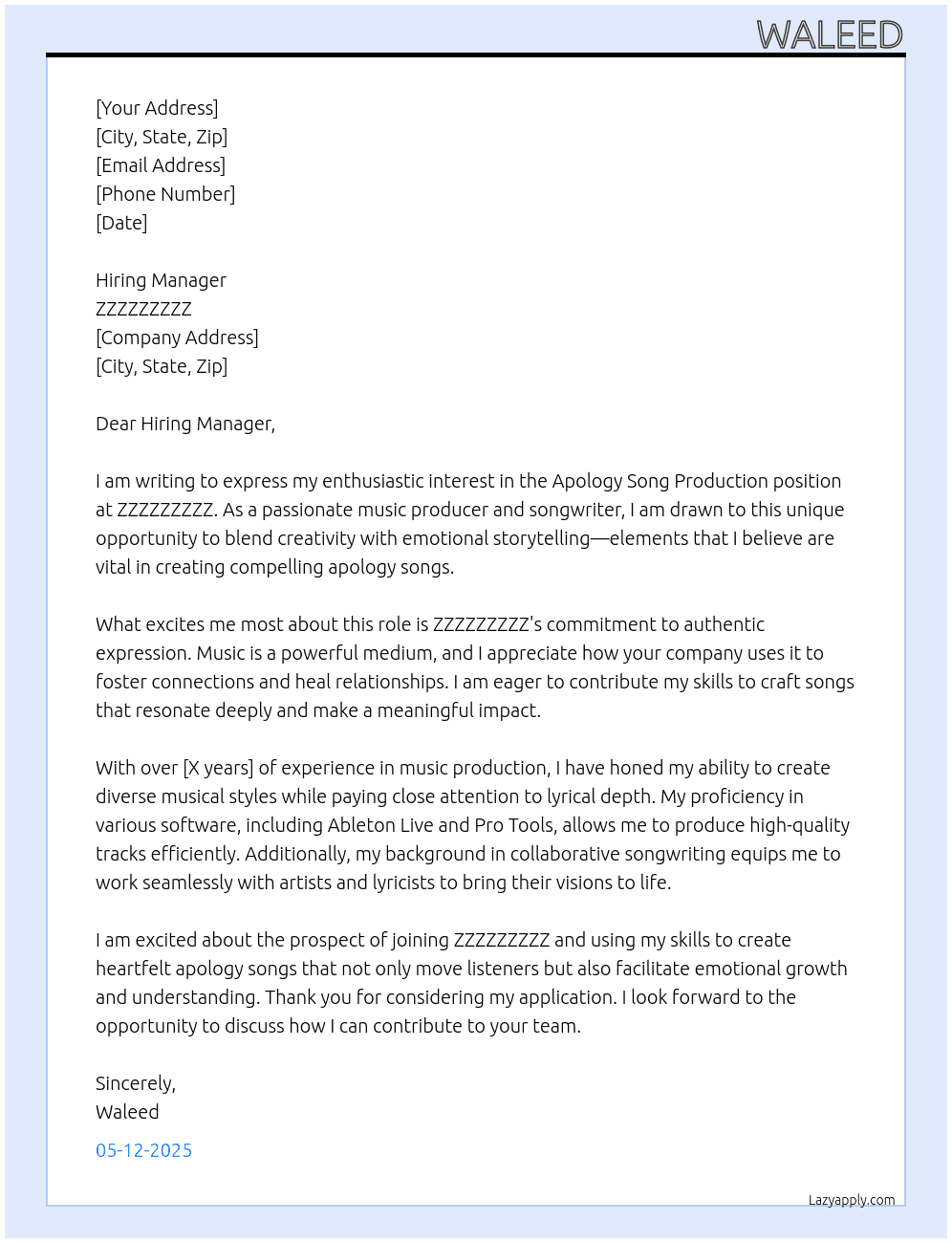 Apology Song Production At ZZZZZZZZZ Cover Letter