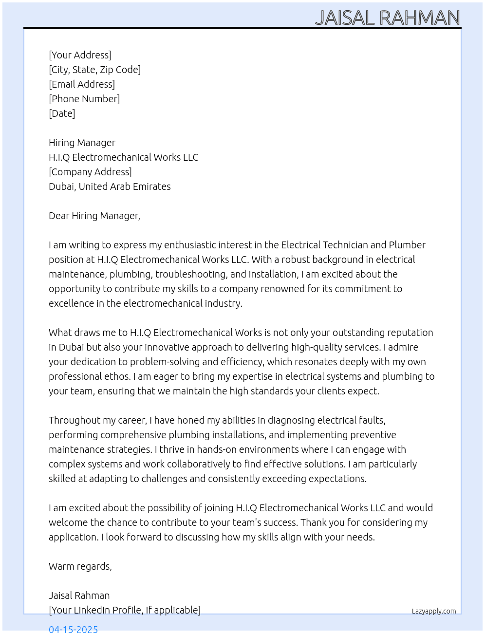 Electrical Technician ,plumber At H.I.Q Electromechanical Works LLC Cover Letter