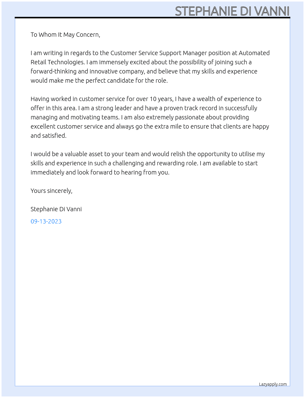 Customer Service Support Manager  At Automated Retail Technologies  Cover Letter