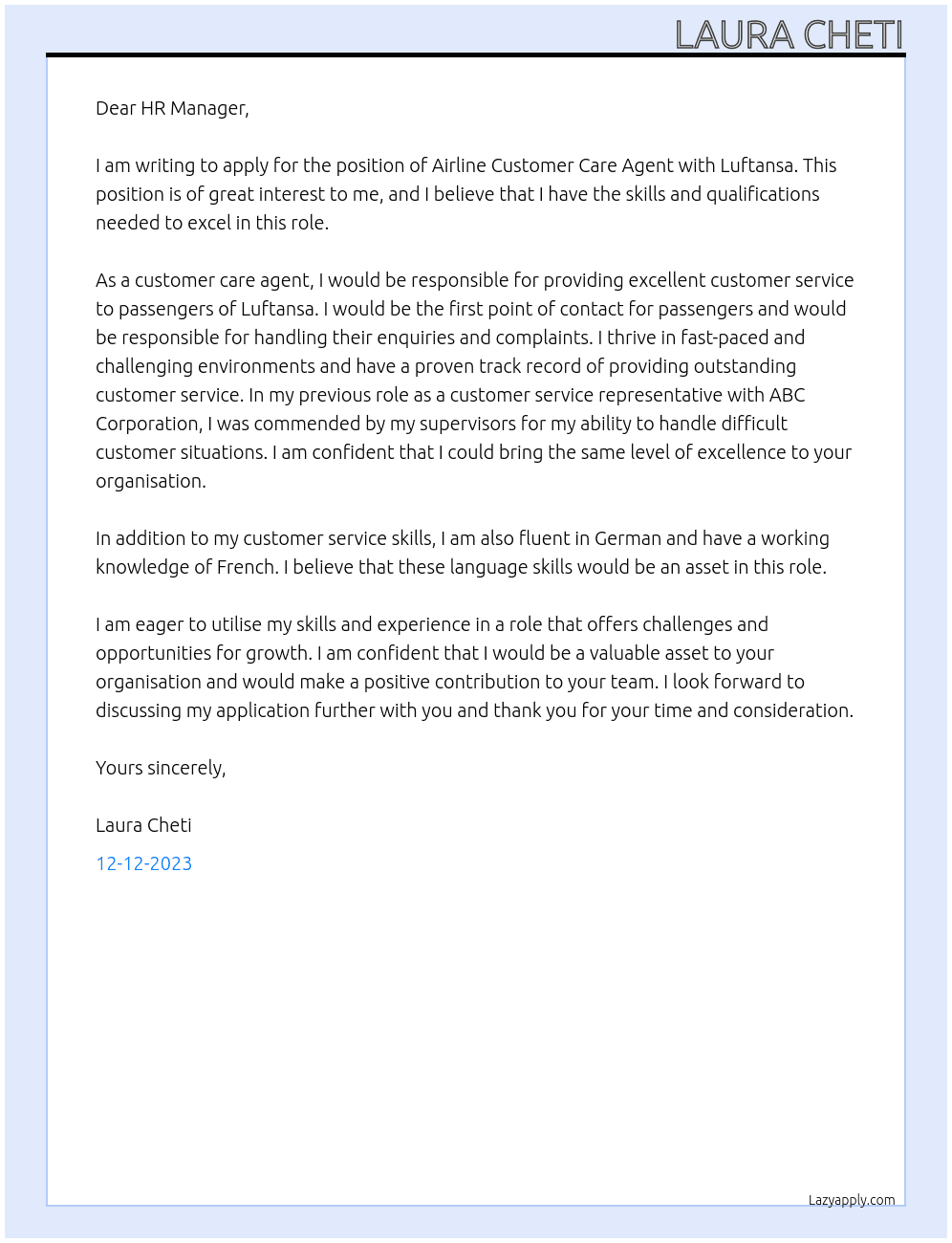 Airline customer care agent  At Luftansa Cover Letter