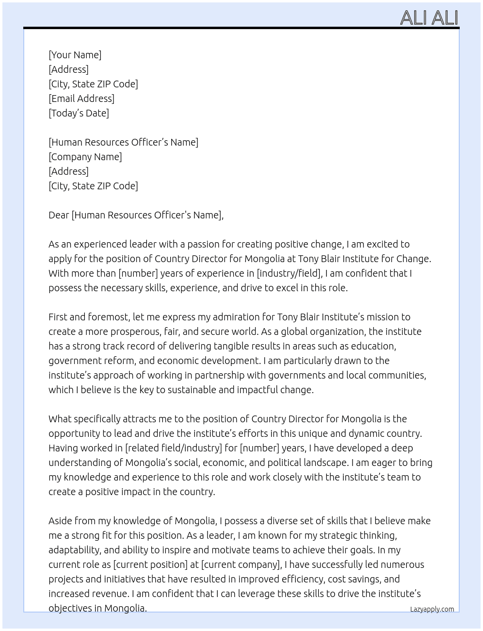 Country Director - Mongolia At Tony blair inistitute for change Cover Letter