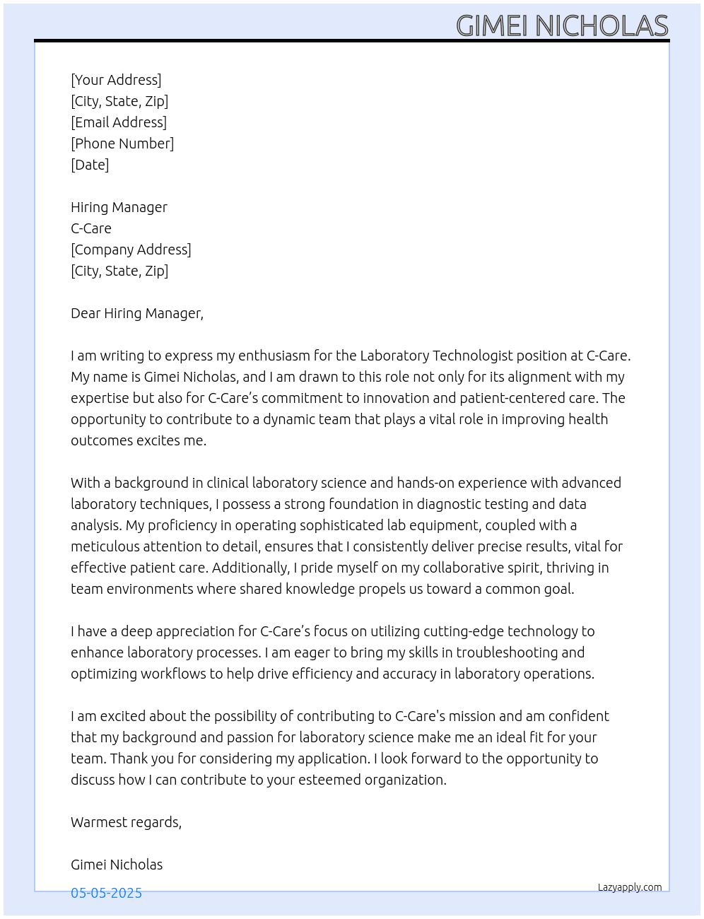Laboratory technologist  At C-care Cover Letter