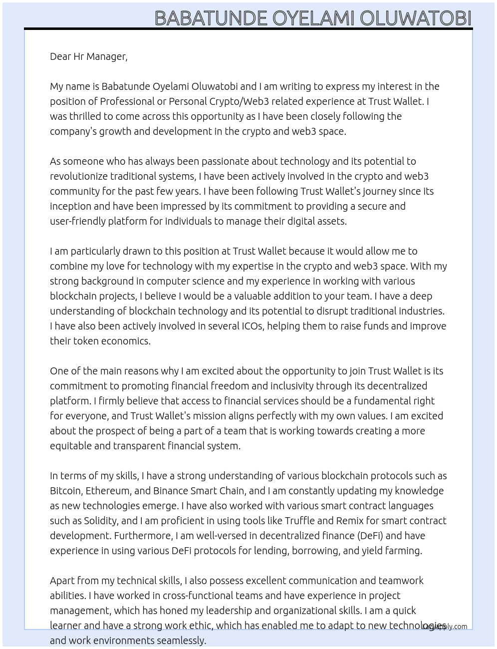 professional or personal crypto/web3 related experience. At Trust wallet Cover Letter