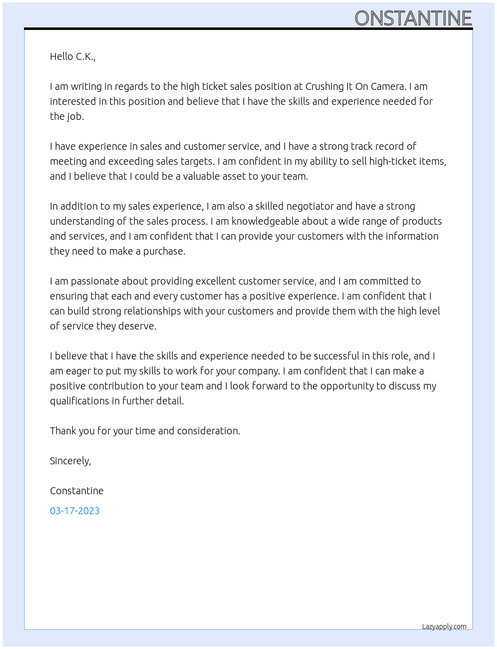 High Ticket Sales At Crushing It On Camera Cover Letter