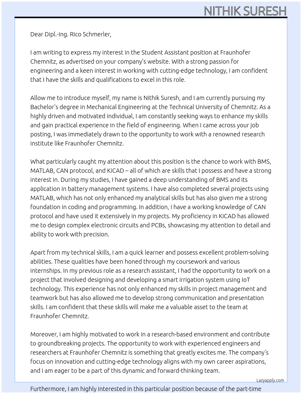 Student Assistant At Fraunhofer Chemnitz Cover Letter