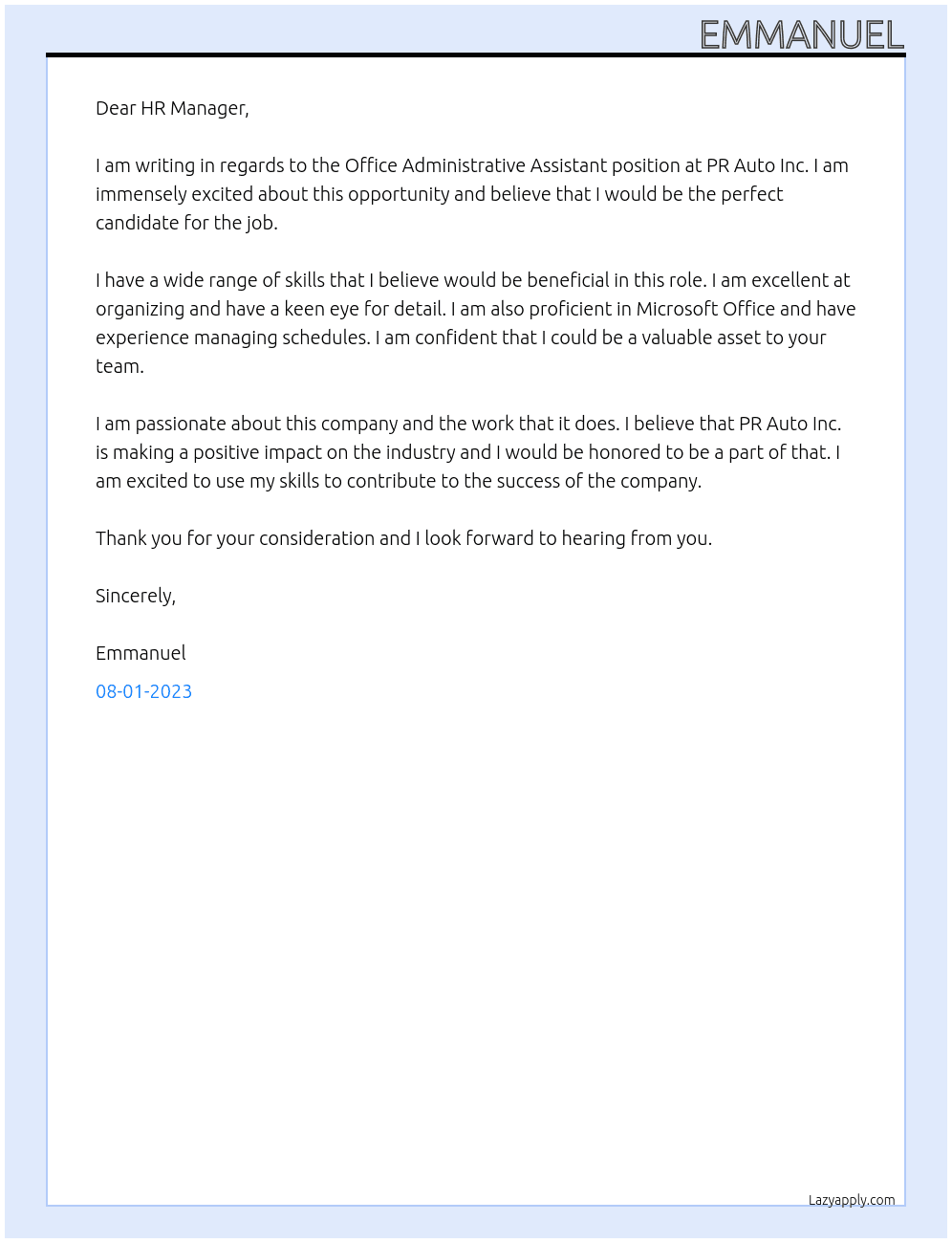 Office Administrative Assistant At PR Auto Inc. Cover Letter