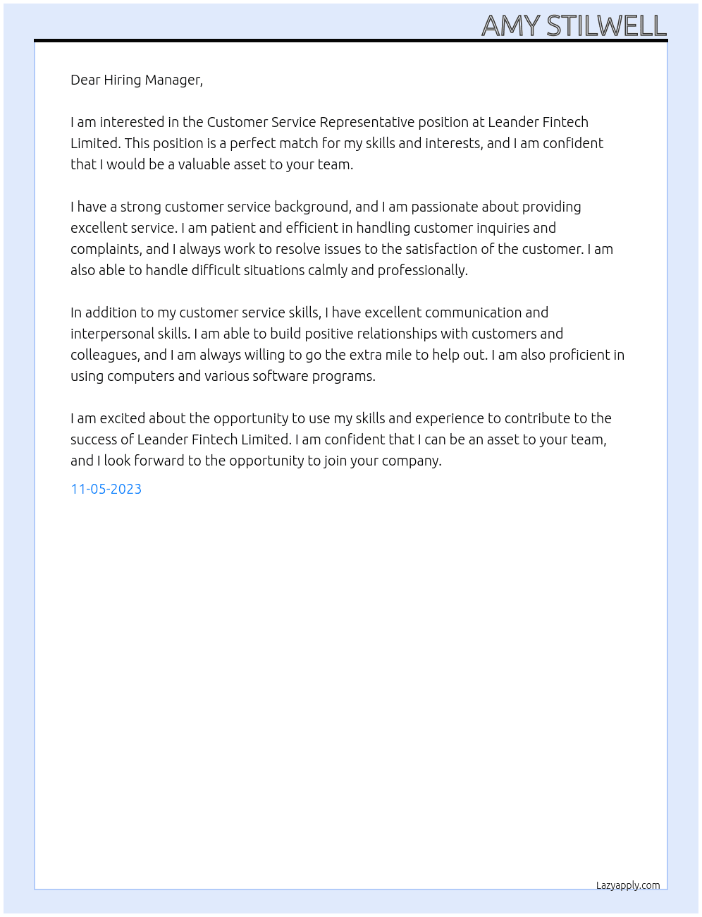 Customer Service Representative At Leander fintech limited Cover Letter