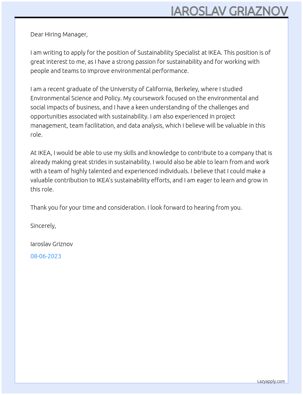 Sustainability Specialist At IKEA Cover Letter