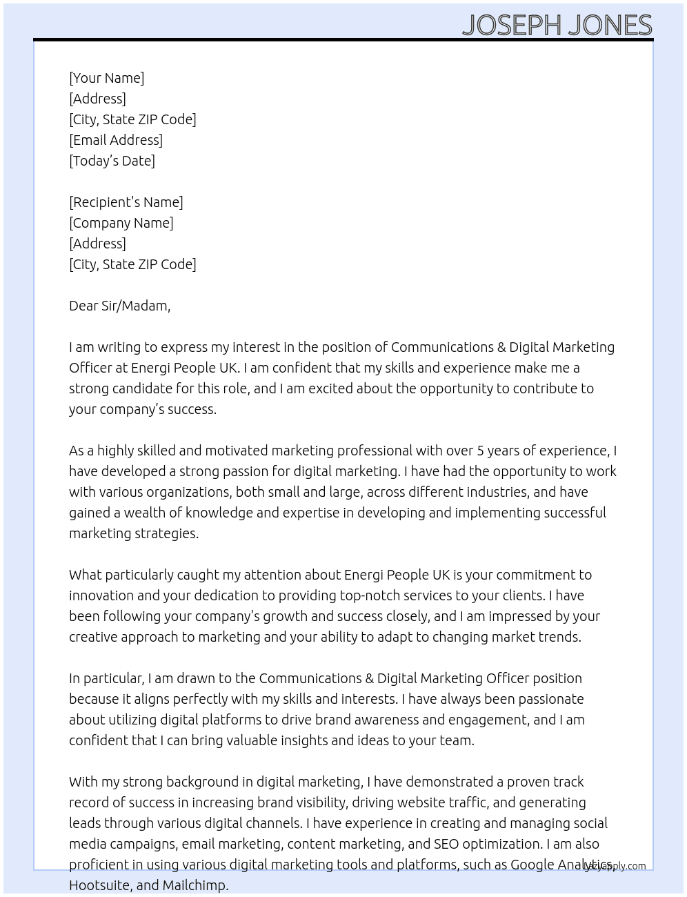 Communications & Digital Marketing Officer At Energi People UK Cover Letter