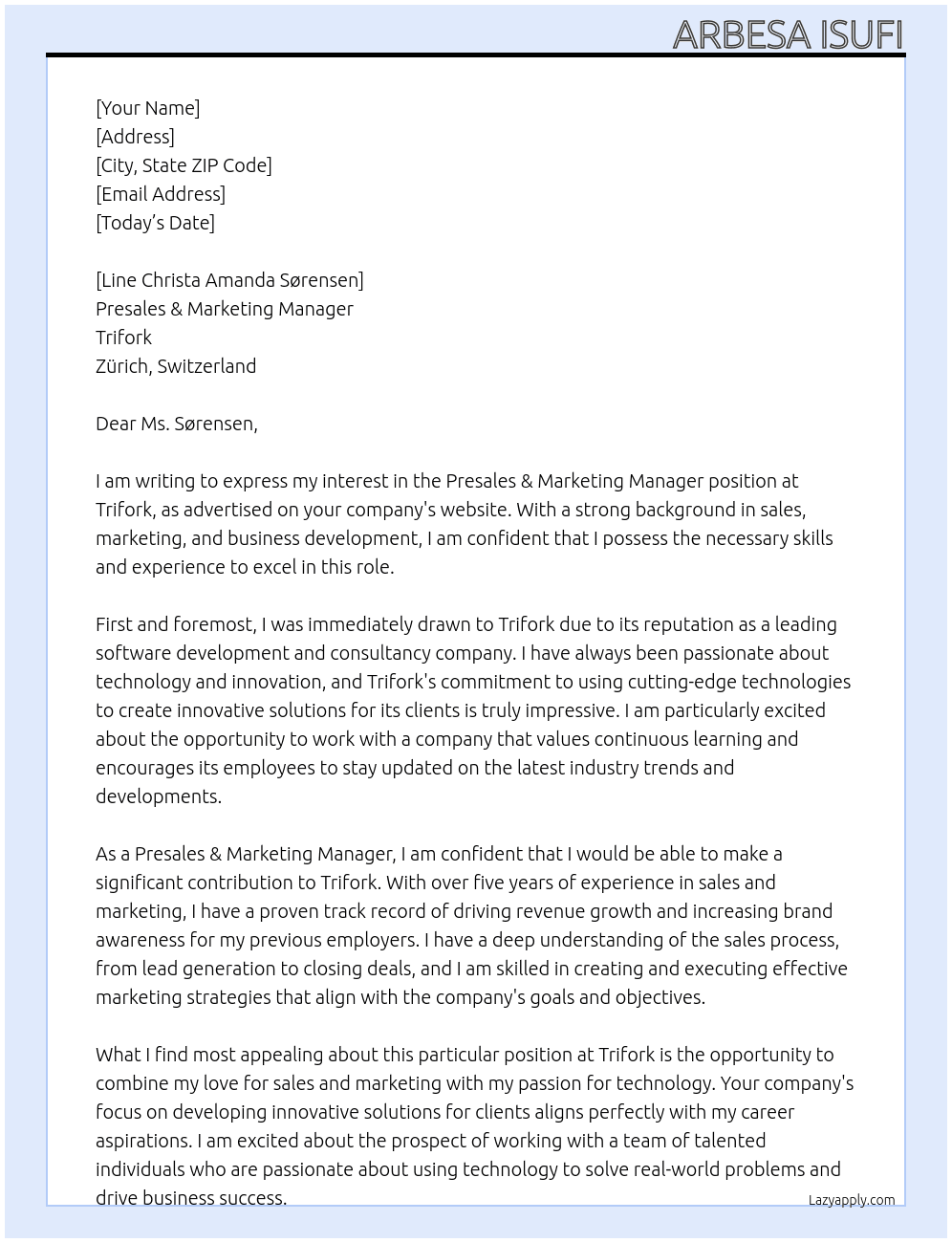 Presales & Marketing Manager At Trifork Cover Letter