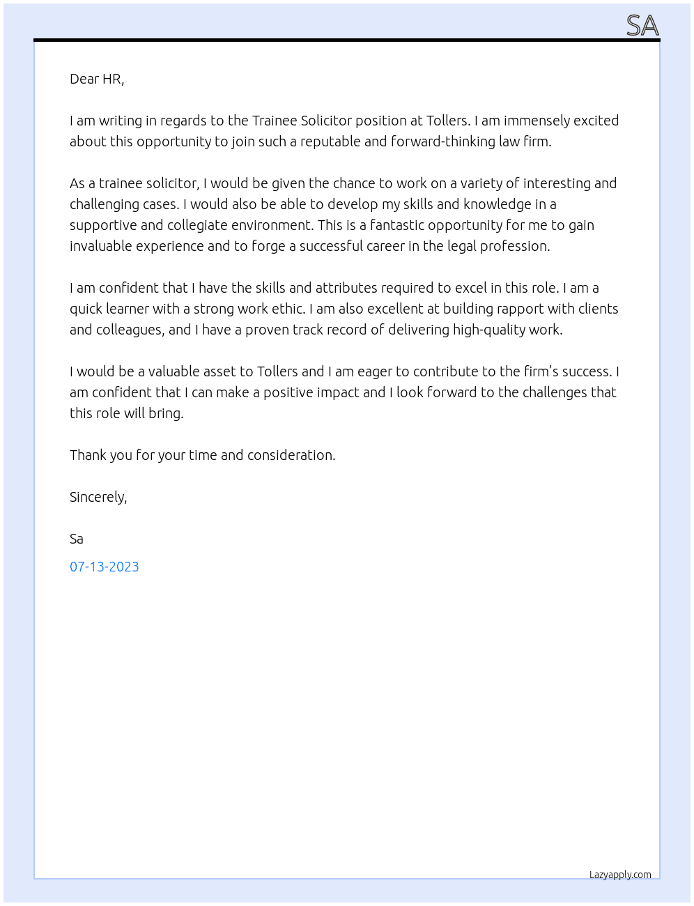 Trainee Solicitor At Tollers Cover Letter