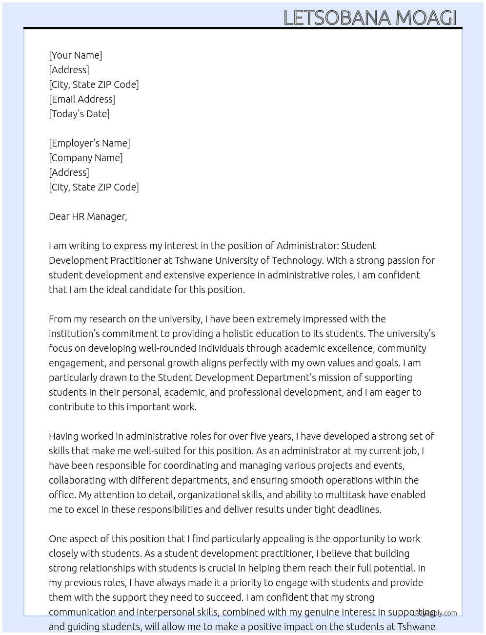 Cover letter for administrator: student development practitioner - LazyApply