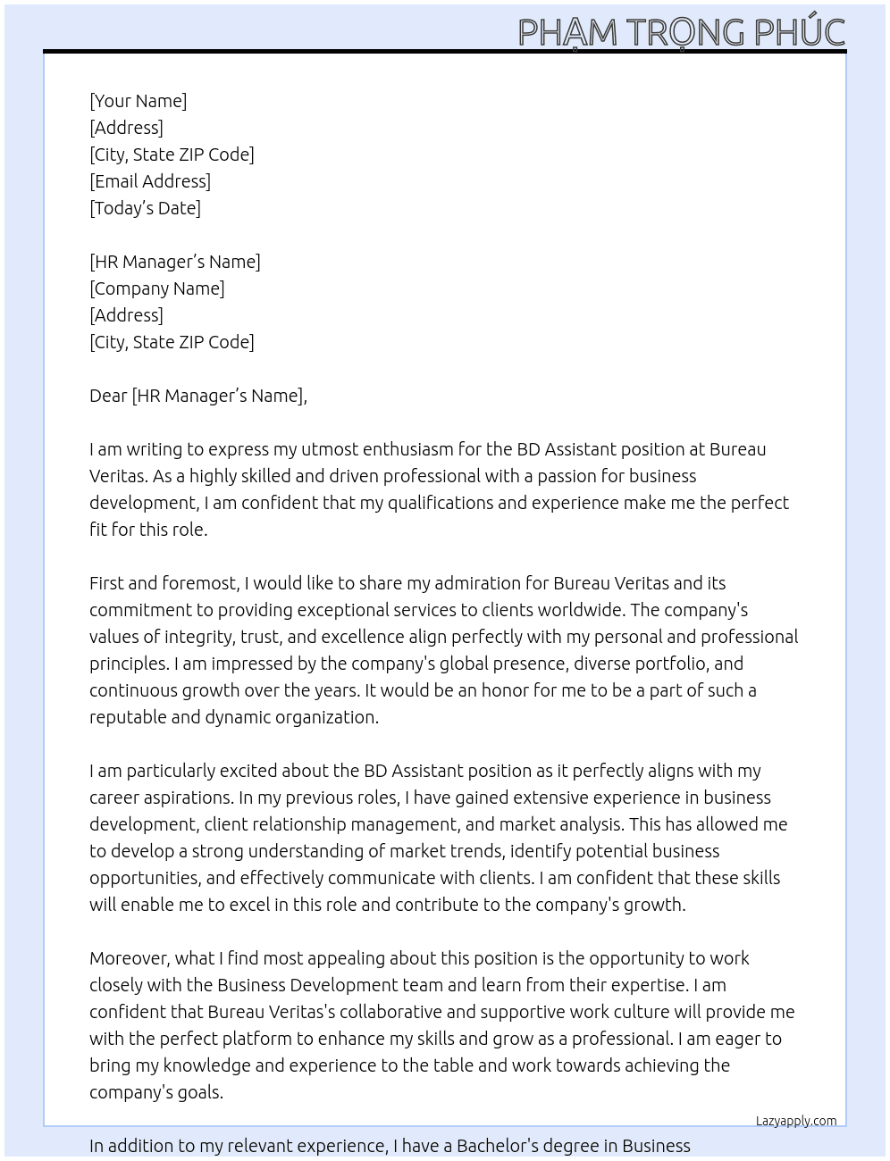 BD Assistant At Bureau Veritas  Cover Letter