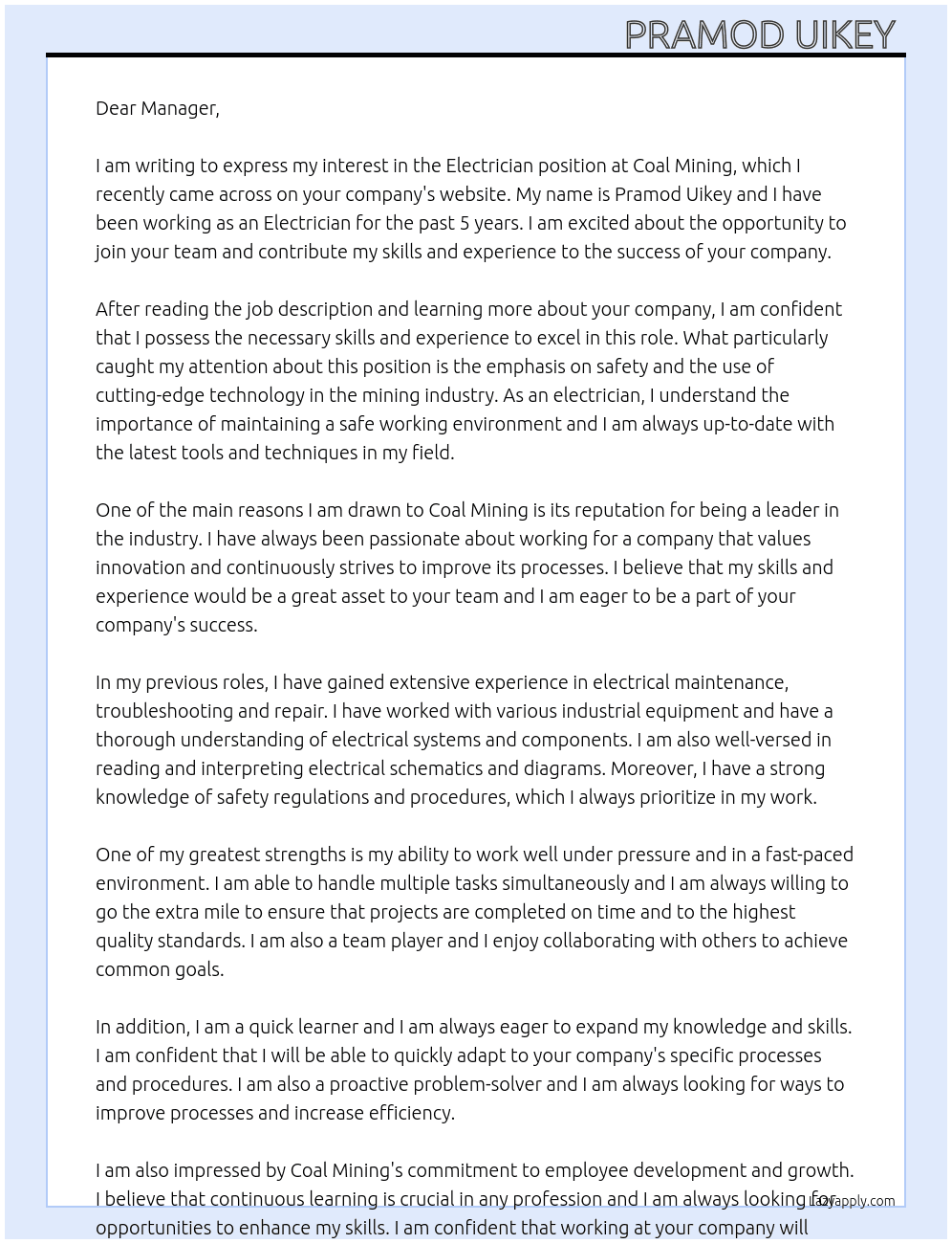 Electrician  At Coal mining  Cover Letter