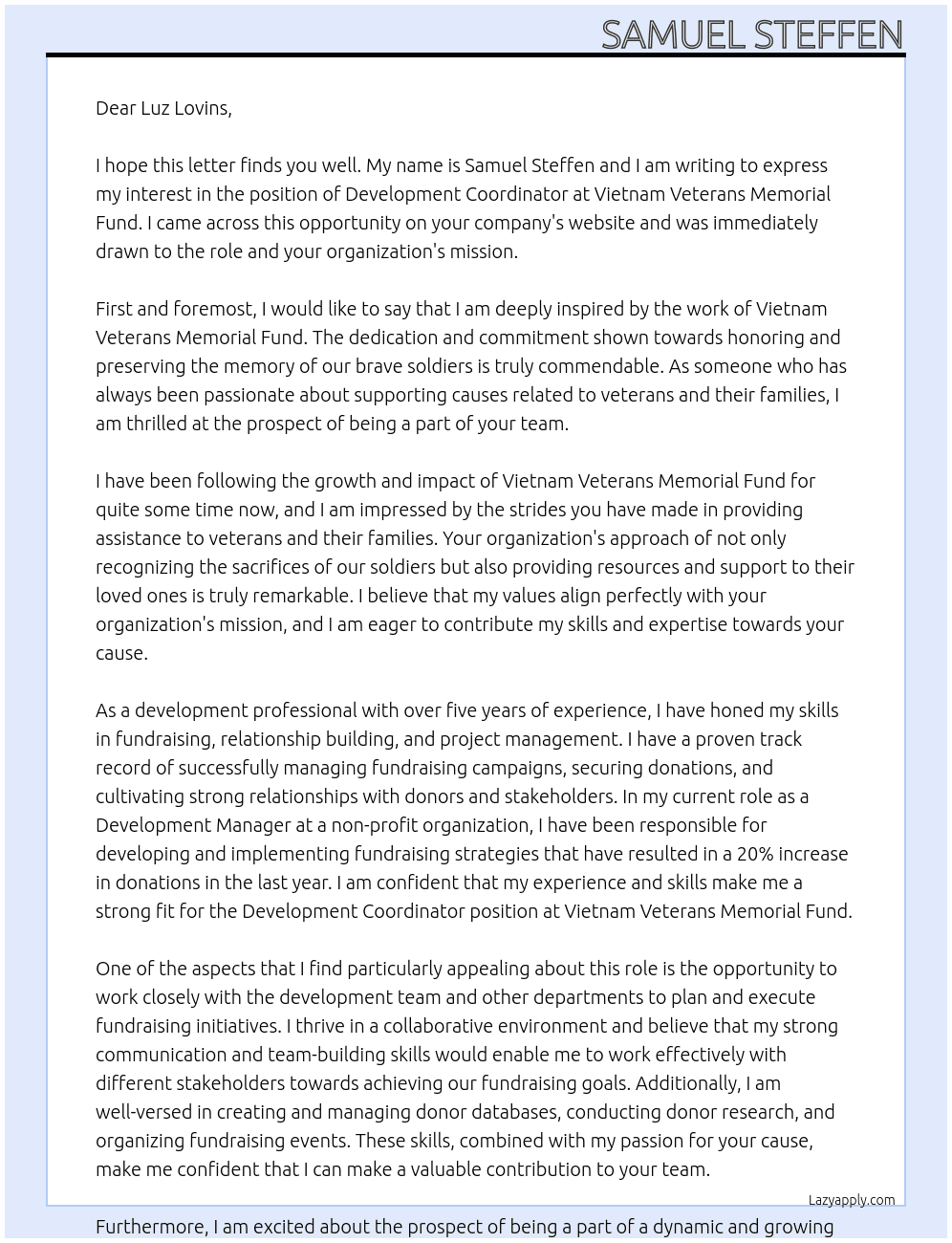 Development Coordinator At Vietnam Veterans Memorial Fund Cover Letter