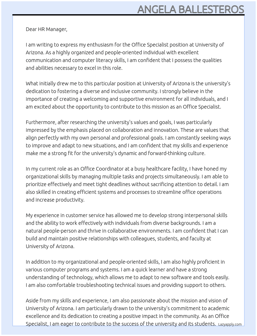 Office Specialist  At University of Arizona  Cover Letter
