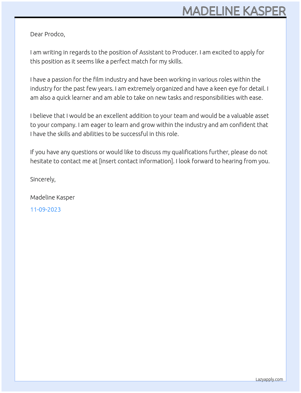 Assistant to Producer At Prodco Cover Letter