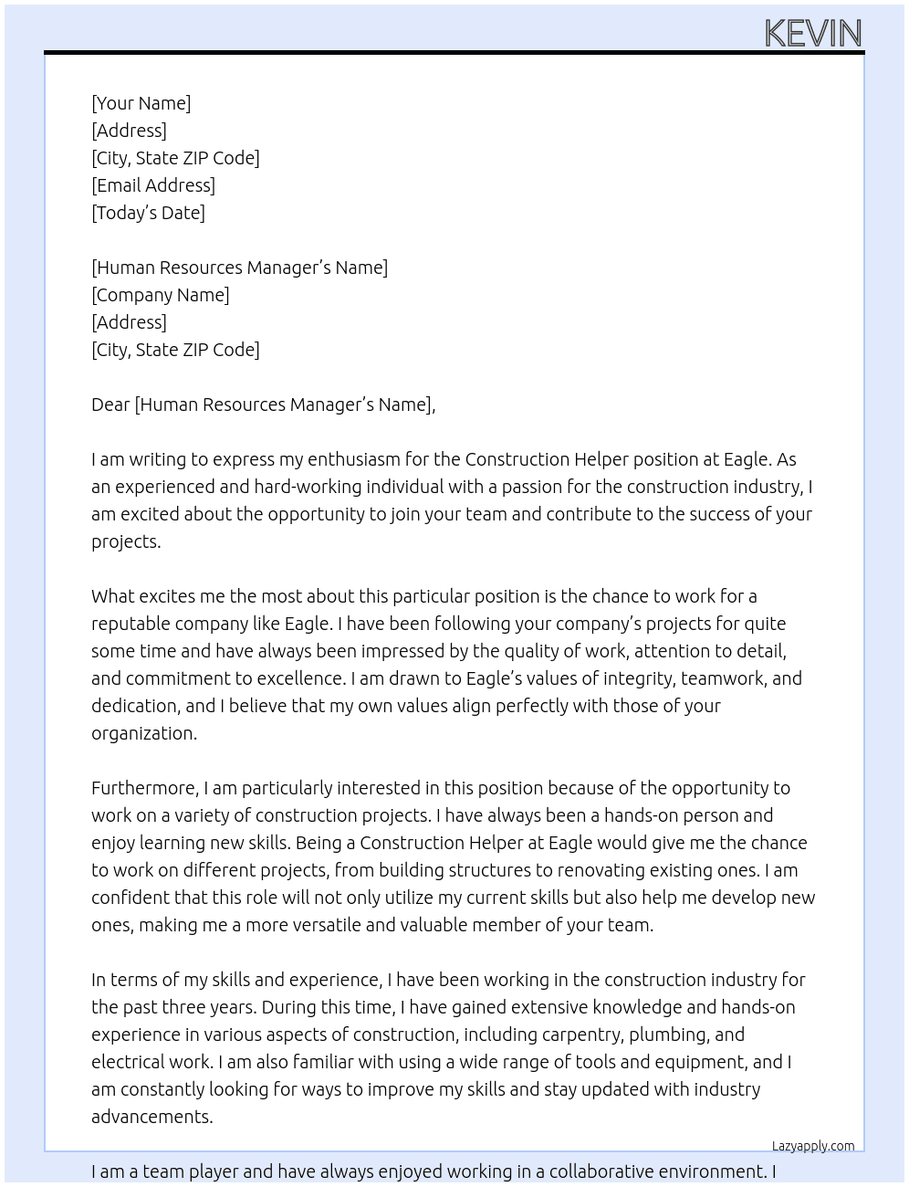 Construction helper At Eagle Cover Letter