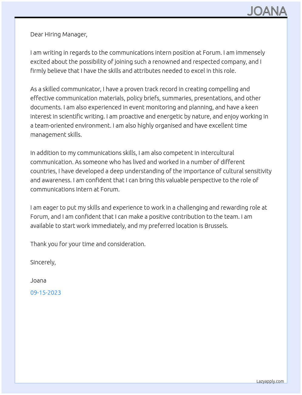 communications intern At Forum Cover Letter
