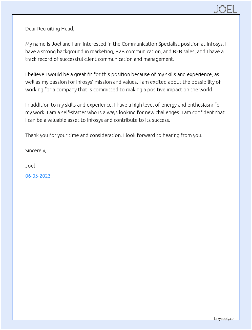 Communication Specialist At Infosys Cover Letter